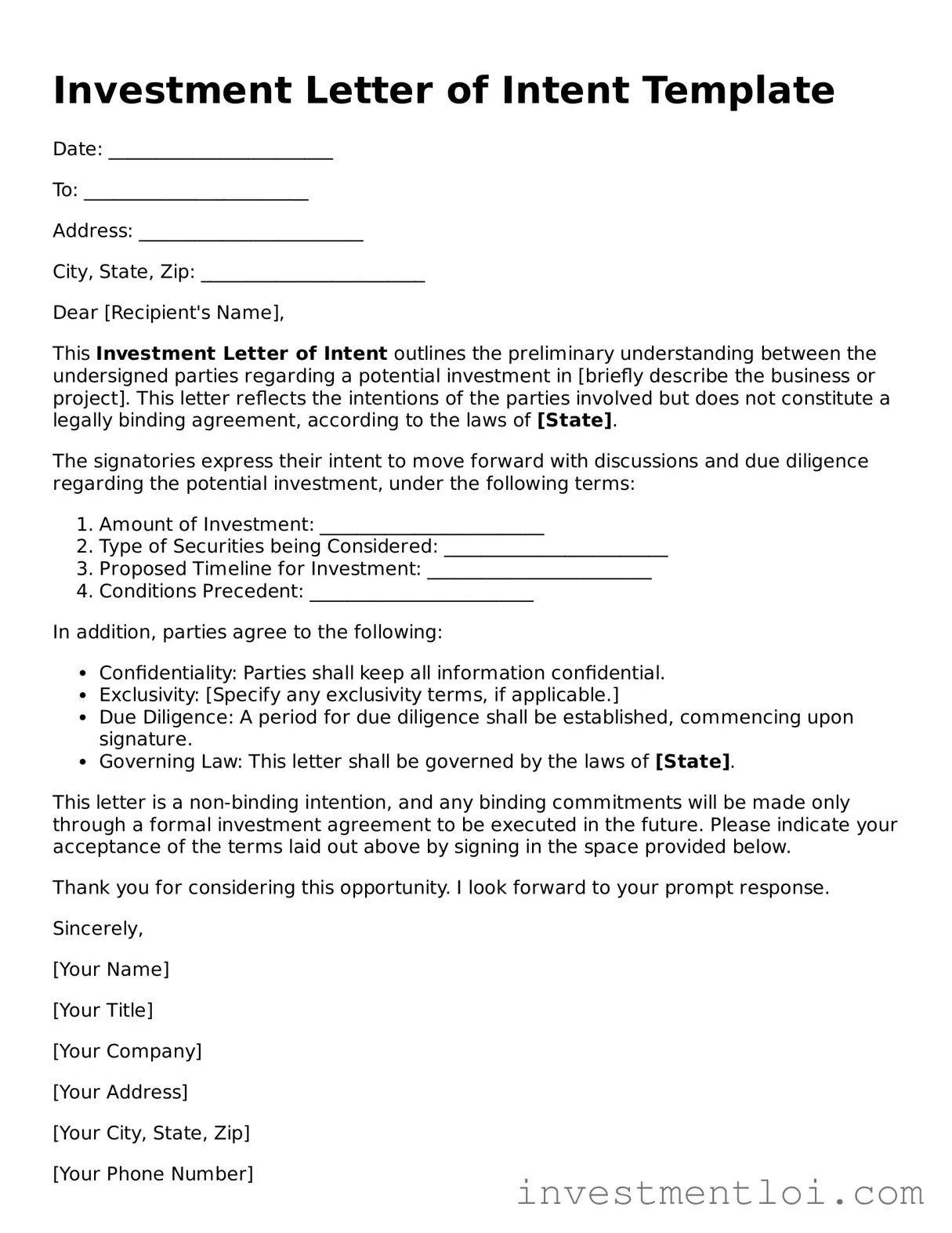 Free Investment Letter of Intent Template